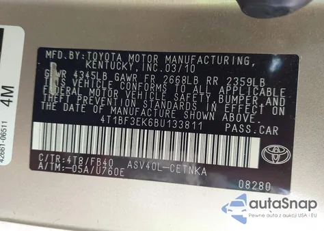 2011 Toyota Camry Le z USA, uszkodzony, nr VIN 4T1BF3EK6BU133811